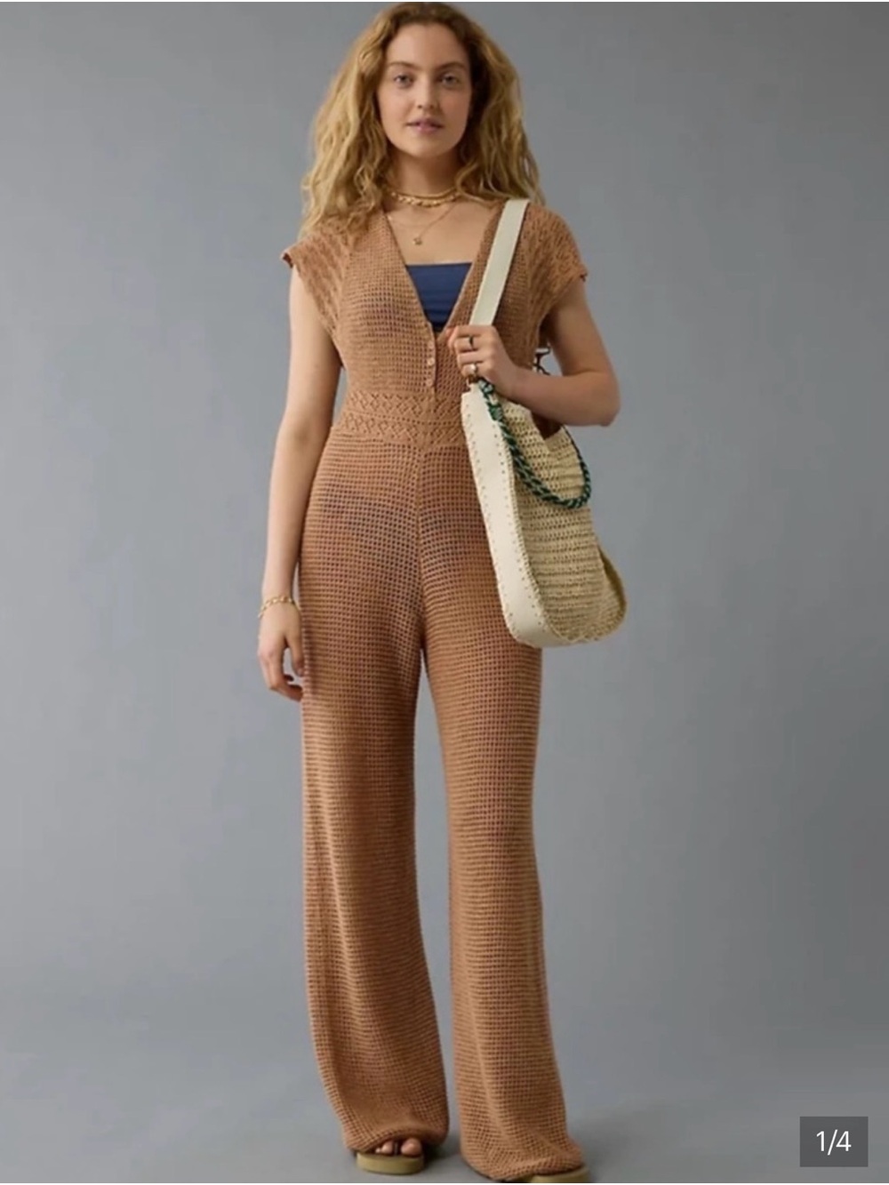 American Eagle Outfitters Crochet Knit Wide-Leg Jumpsuit in Camel